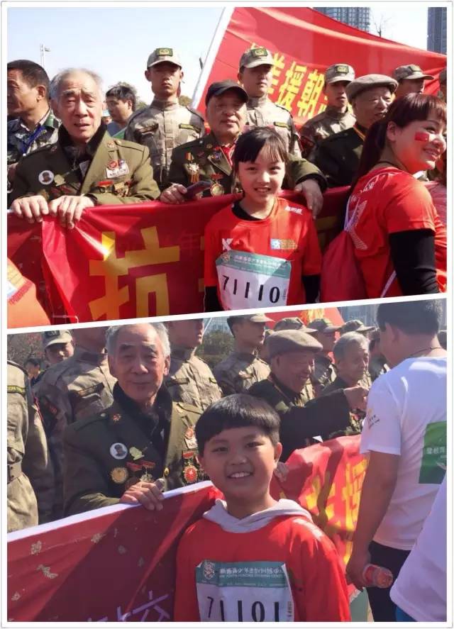 其中鄭州會(huì)展路小馬拉松起點(diǎn)，河南獵鷹老兵俱樂(lè)部的退伍軍人與抗美援朝老兵助力馬拉松，引發(fā)全場(chǎng)熱情。小朋友向老兵們致敬！