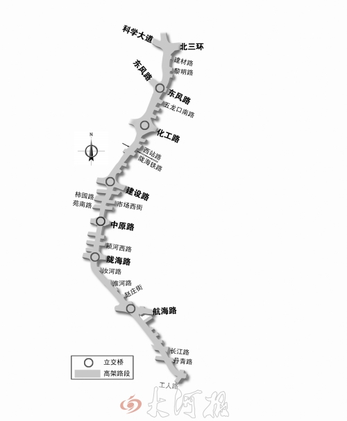 截至目前，僅剩西三環(huán)跨長(zhǎng)江路、丹青路高架橋金水河處一座箱梁尚未澆筑。