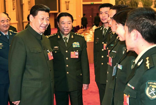中共中央總書記、中共中央軍委主席習(xí)近平出席十二屆全國人大一次會議解放軍代表團全體會議并發(fā)表重要講話。