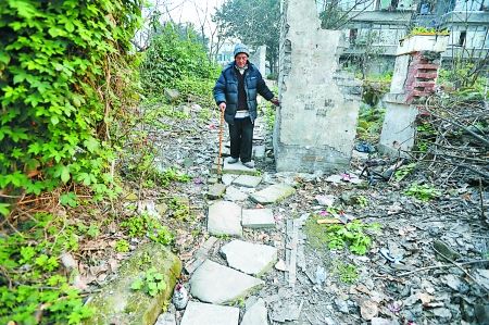 昨日，大渡口區(qū)，徐建高老人走在他鋪成的石子路上。 記者 張路橋 攝