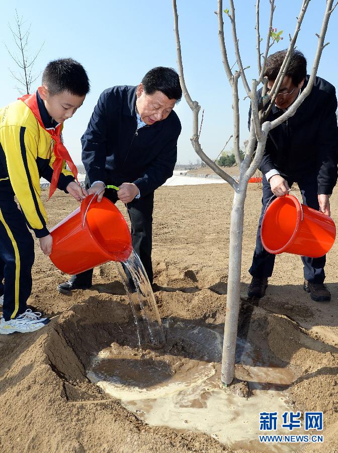 這是習近平同大家一起給剛栽下的樹苗澆水。