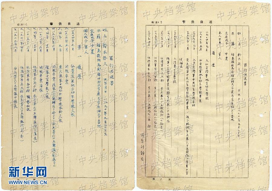 這是日本戰(zhàn)犯鈴木啟久的部分筆供原文（左圖）和鈴木啟久筆供的中文譯文（右圖）。