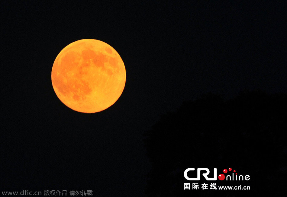 8月10日晚，一輪金燦燦的大月亮在遼寧省大連市東方升起。圖片來源：劉德斌/東方IC