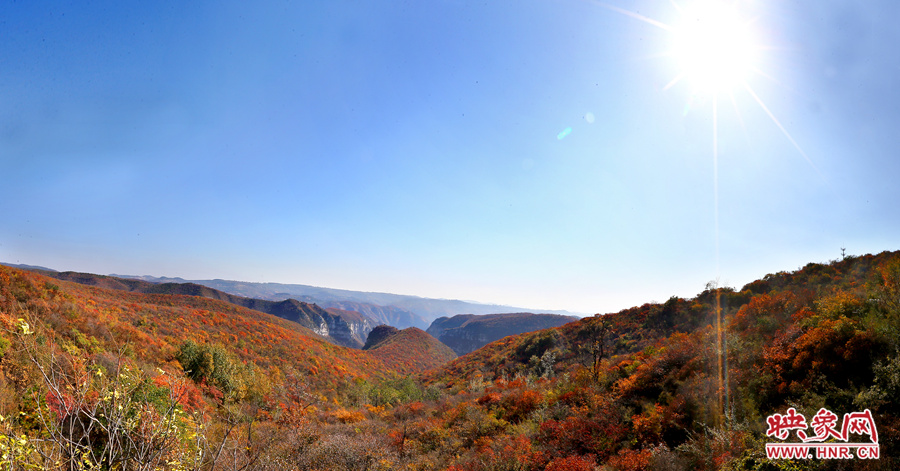 山頂遠(yuǎn)眺，紅葉已經(jīng)綻放出絢麗的色彩