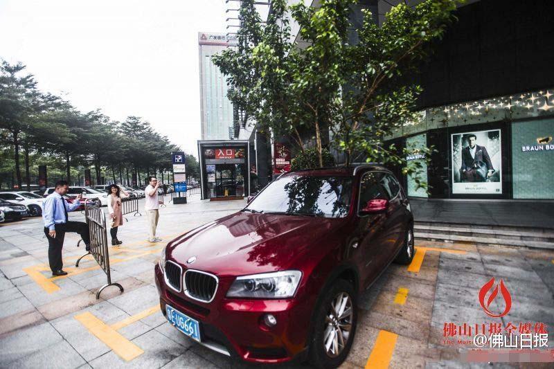 一輛停在停車位上的寶馬轎車，被墜落的樹枝砸中，樹枝徑直插入車內(nèi)，現(xiàn)場引發(fā)不少市民圍觀拍照。