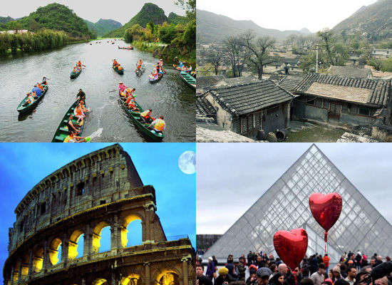 被電視真人秀帶火的旅游景點(diǎn)。左上:云南普者黑;右上:北京靈水村;左下:意大利羅馬;右下:法國(guó)巴黎。